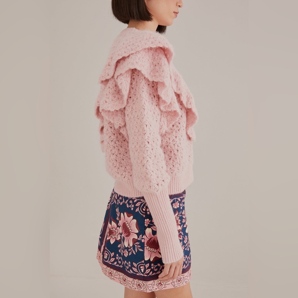 Farm Rio Pink Flower Texture Crochet Knit Ruffle Cardigan Sweater NWT Small - Picture 5 of 16